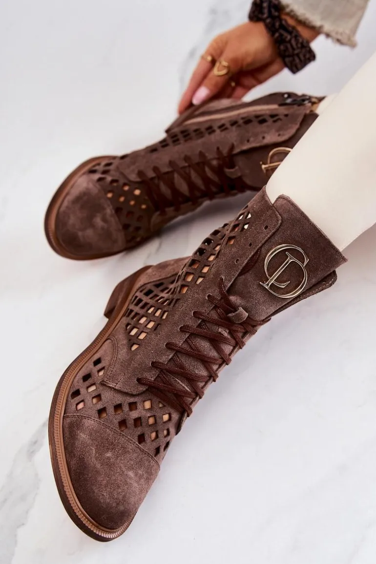 Ażurowe Skórzane Botki Nicole Brązowe 2695