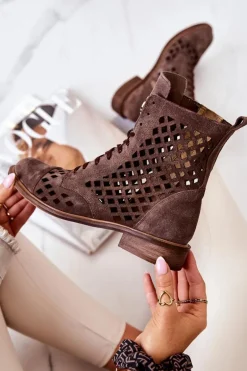 Ażurowe Skórzane Botki Nicole Brązowe 2695