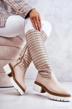 Ażurowe Skórzane Kozaki Na Suwak Beżowe Lativia