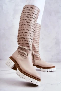 Ażurowe Skórzane Kozaki Na Suwak Beżowe Lativia