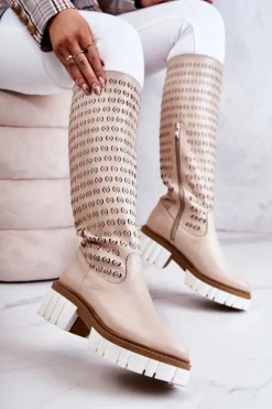 Ażurowe Skórzane Kozaki Na Suwak Beżowe Lativia