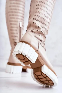 Ażurowe Skórzane Kozaki Na Suwak Beżowe Lativia