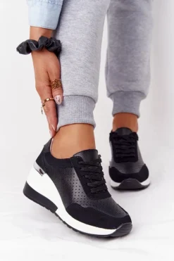 Ażurowe Skórzane Sneakersy Na Koturnie S.Barski Czarne