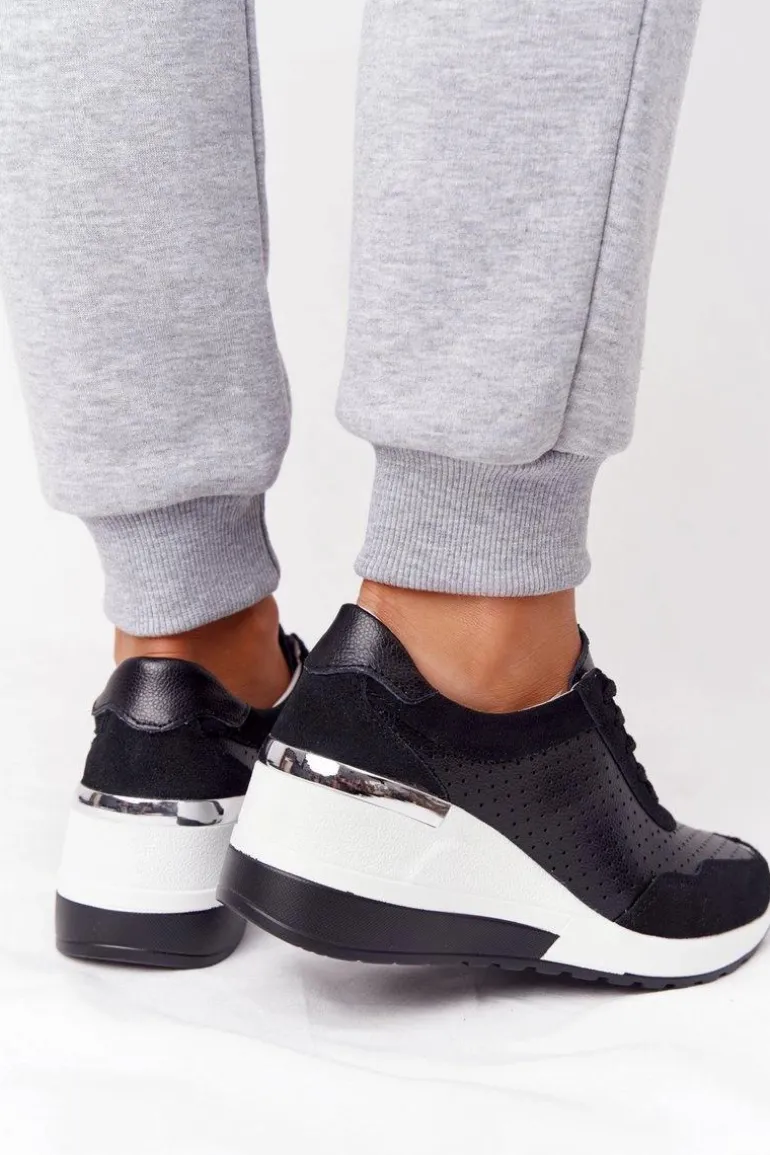 Ażurowe Skórzane Sneakersy Na Koturnie S.Barski Czarne