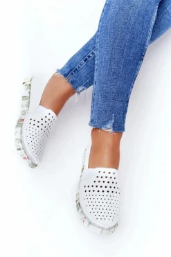 Ażurowe Skórzane Tenisówki Półbuty Slip-On Maciejka Białe 03512B-11