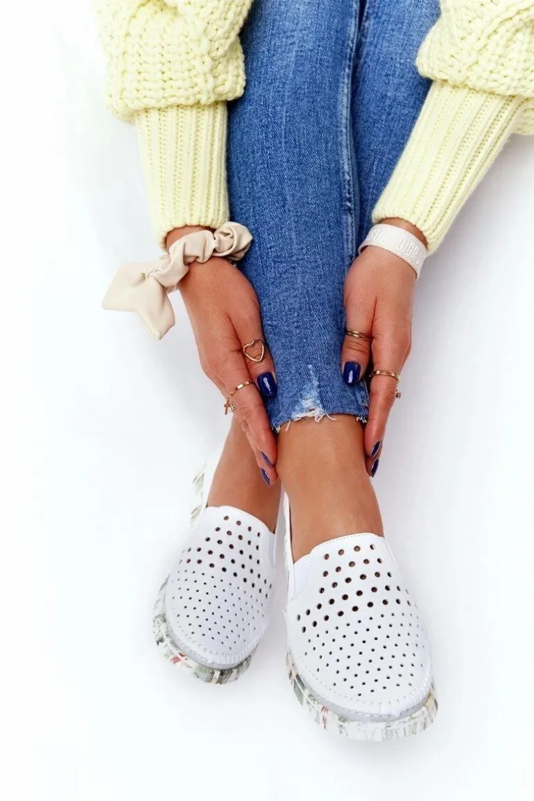 Ażurowe Skórzane Tenisówki Półbuty Slip-On Maciejka Białe 03512B-11