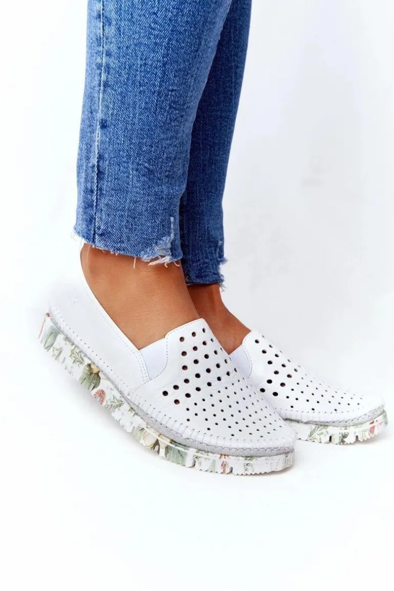 Ażurowe Skórzane Tenisówki Półbuty Slip-On Maciejka Białe 03512B-11