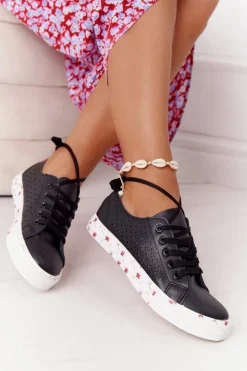 Ażurowe Skórzane Tenisówki W Kwiaty Czarne Spring