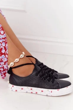 Ażurowe Skórzane Tenisówki W Kwiaty Czarne Spring
