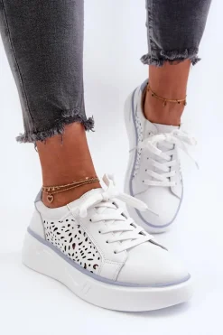 Ażurowe Sneakersy Damskie Na Platformie Skórzane Białe Peilaeno