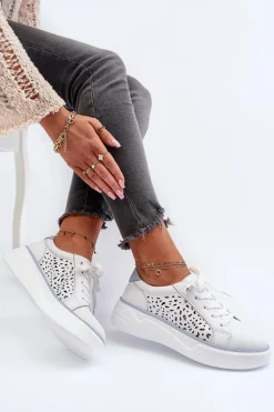 Ażurowe Sneakersy Damskie Na Platformie Skórzane Białe Peilaeno