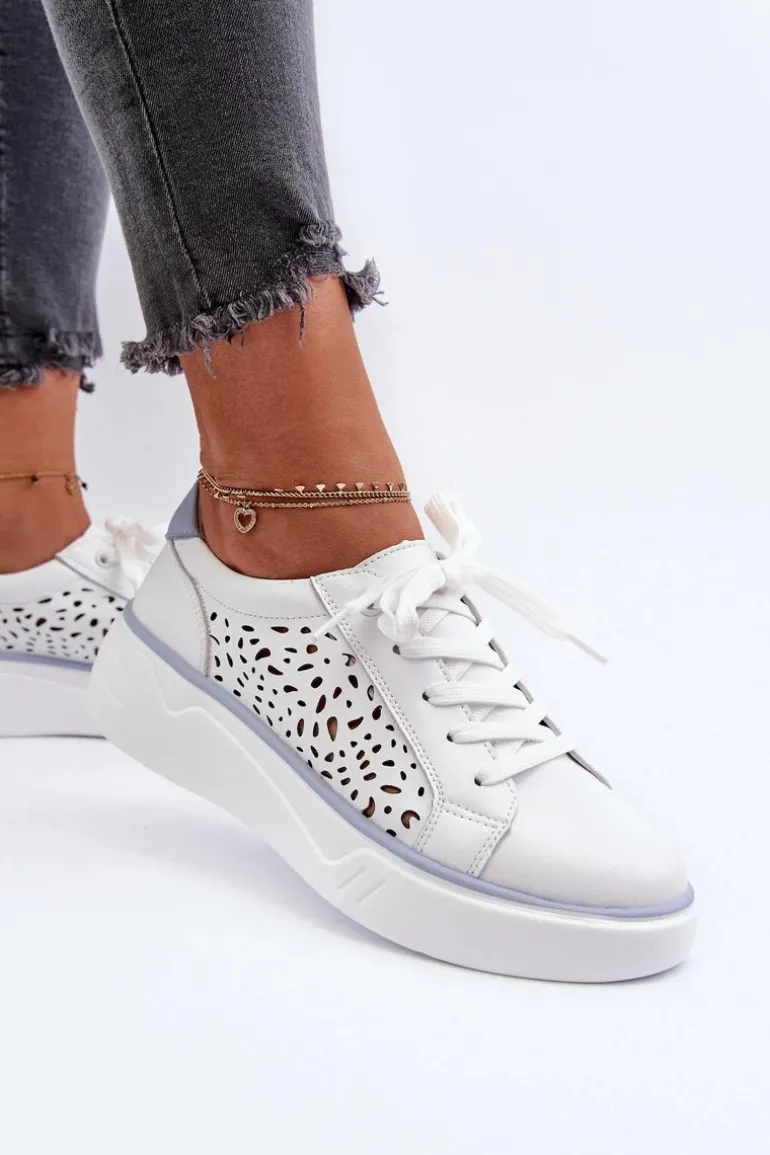 Ażurowe Sneakersy Damskie Na Platformie Skórzane Białe Peilaeno