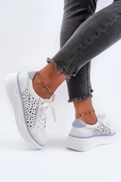 Ażurowe Sneakersy Damskie Na Platformie Skórzane Białe Peilaeno
