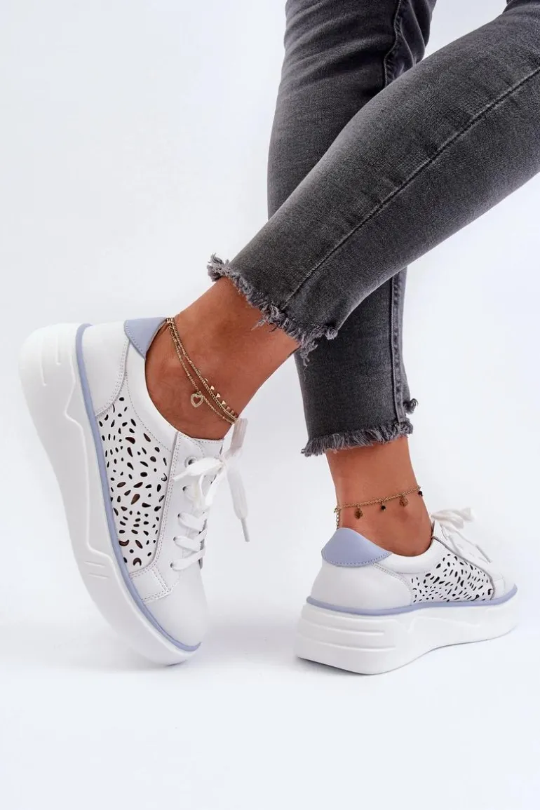 Ażurowe Sneakersy Damskie Na Platformie Skórzane Białe Peilaeno