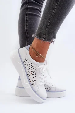 Ażurowe Sneakersy Damskie Na Platformie Skórzane Białe Peilaeno