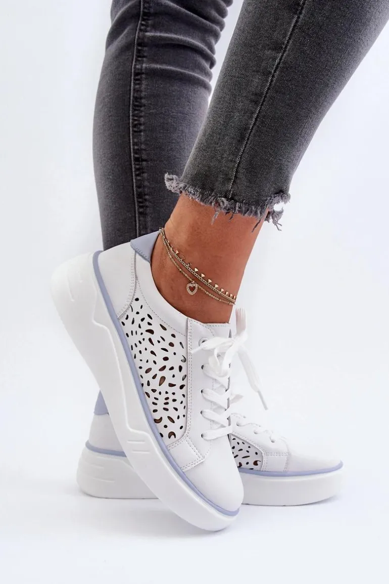 Ażurowe Sneakersy Damskie Na Platformie Skórzane Białe Peilaeno