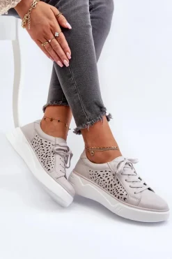 Ażurowe Sneakersy Damskie Na Platformie Skórzane Szare Peilaeno