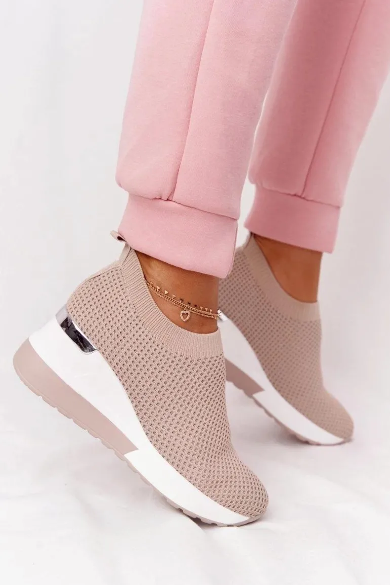 Ażurowe Sneakersy Slip-On Na Koturnie Beżowe Harmony