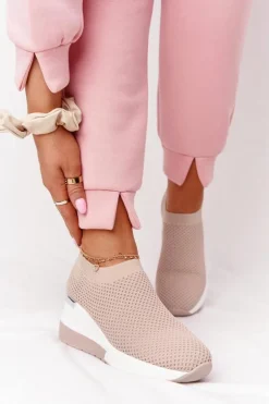 Ażurowe Sneakersy Slip-On Na Koturnie Beżowe Harmony