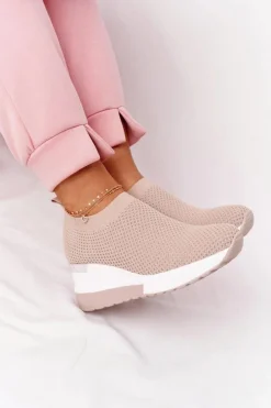 Ażurowe Sneakersy Slip-On Na Koturnie Beżowe Harmony