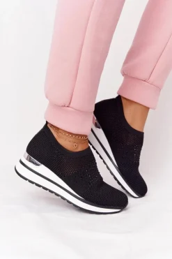 Ażurowe Sneakersy Slip-On Na Koturnie Czarne Sophia
