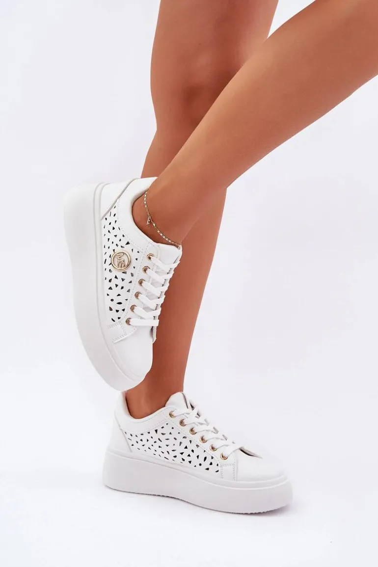 Ażurowe Sneakersy Ze Złotym Detalem Białe Cassildi