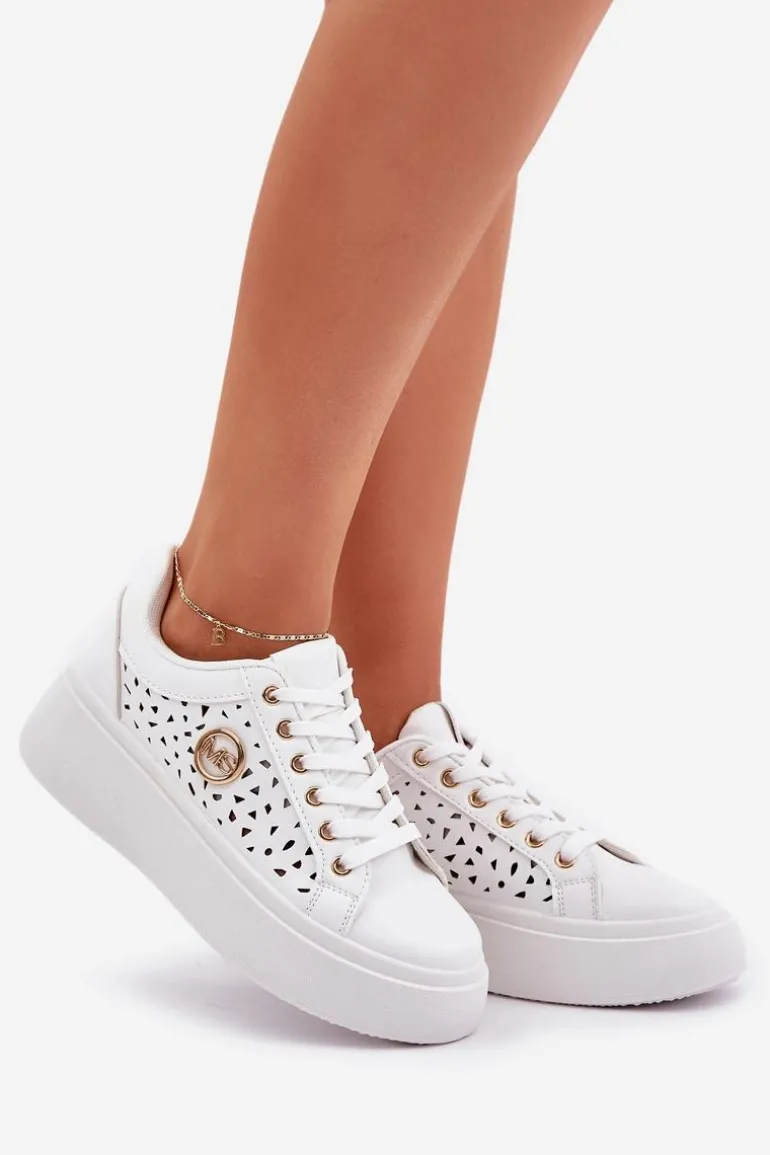 Ażurowe Sneakersy Ze Złotym Detalem Białe Cassildi