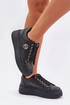 Ażurowe Sneakersy Ze Złotym Detalem Czarne Cassildi