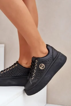 Ażurowe Sneakersy Ze Złotym Detalem Czarne Cassildi