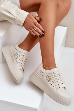 Ażurowe Sneakersy Ze Złotym Detalem Beżowe Cassildi