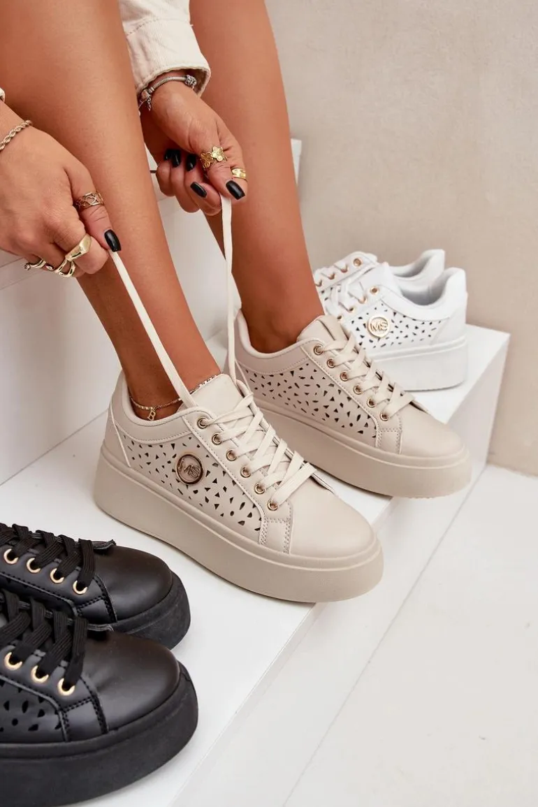 Ażurowe Sneakersy Ze Złotym Detalem Beżowe Cassildi
