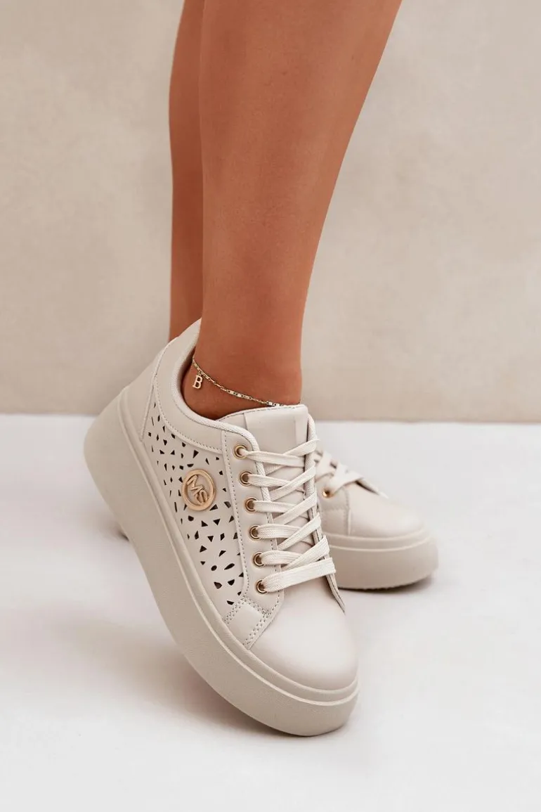 Ażurowe Sneakersy Ze Złotym Detalem Beżowe Cassildi