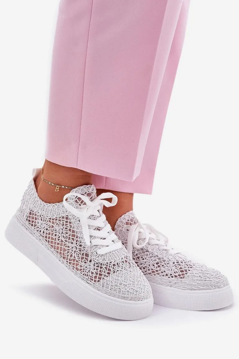 Ażurowe Tenisówki Damskie Na Platformie Białe Aranelith