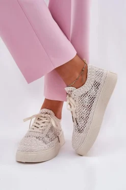 Ażurowe Tenisówki Damskie Na Platformie Jasnobeżowe Aranelith