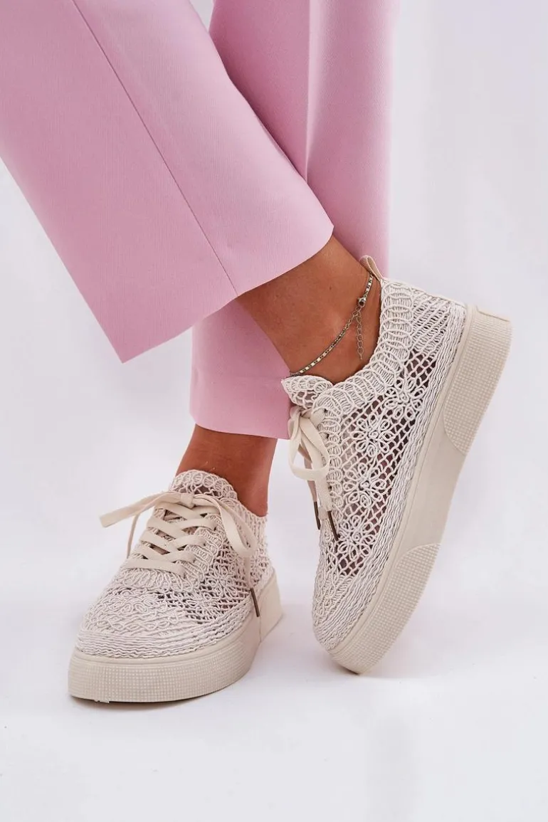 Ażurowe Tenisówki Damskie Na Platformie Jasnobeżowe Aranelith
