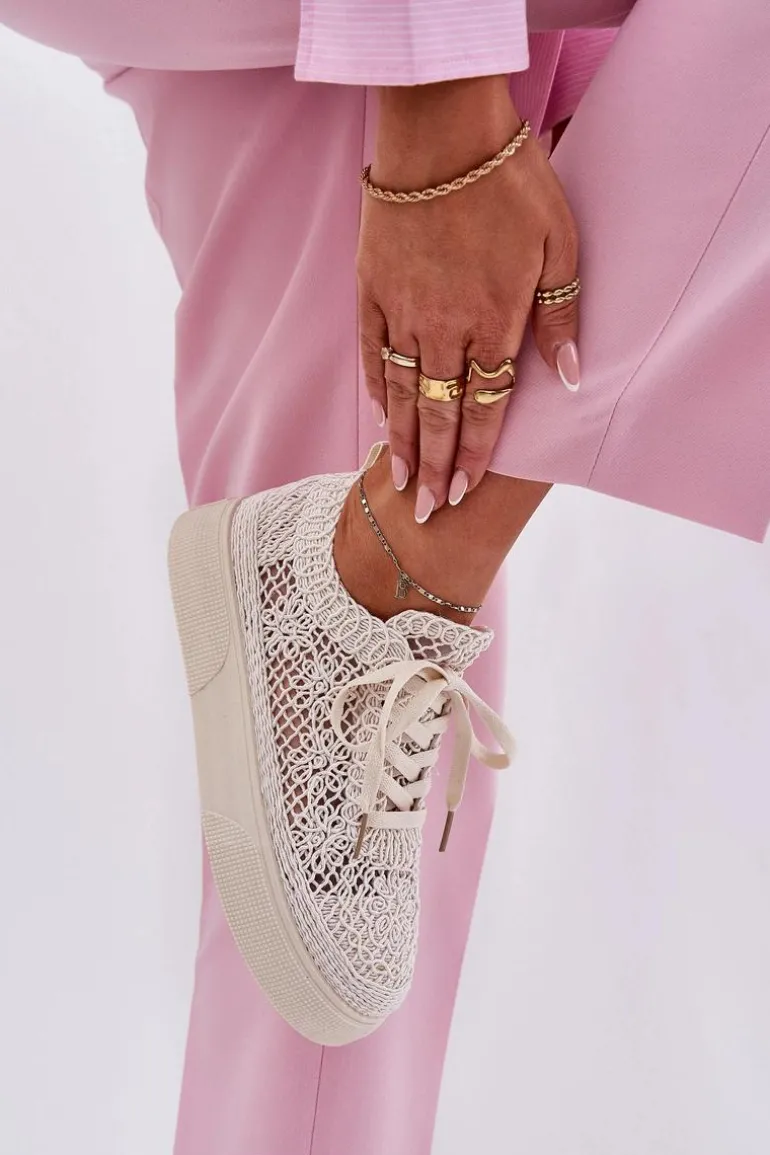 Ażurowe Tenisówki Damskie Na Platformie Jasnobeżowe Aranelith