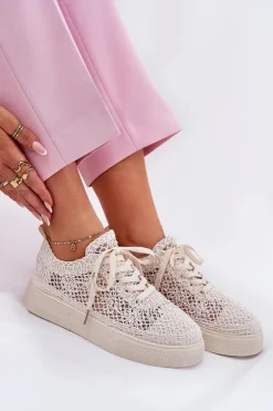 Ażurowe Tenisówki Damskie Na Platformie Jasnobeżowe Aranelith