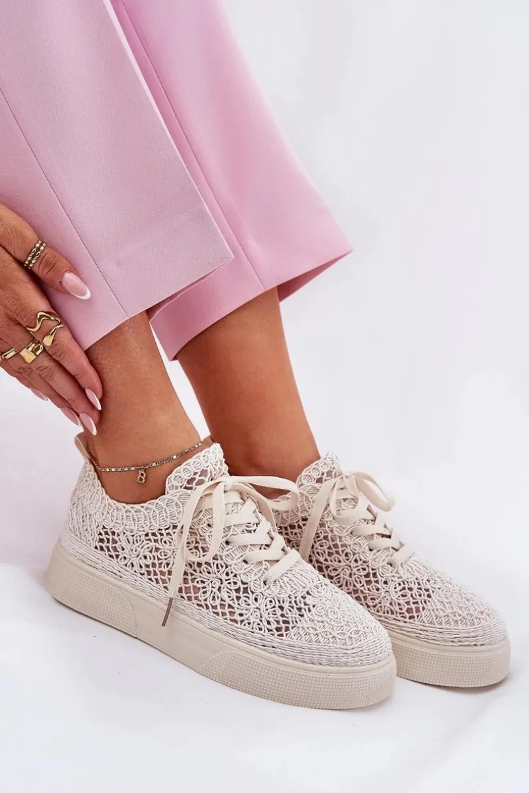 Ażurowe Tenisówki Damskie Na Platformie Jasnobeżowe Aranelith