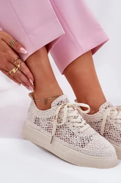 Ażurowe Tenisówki Damskie Na Platformie Jasnobeżowe Aranelith