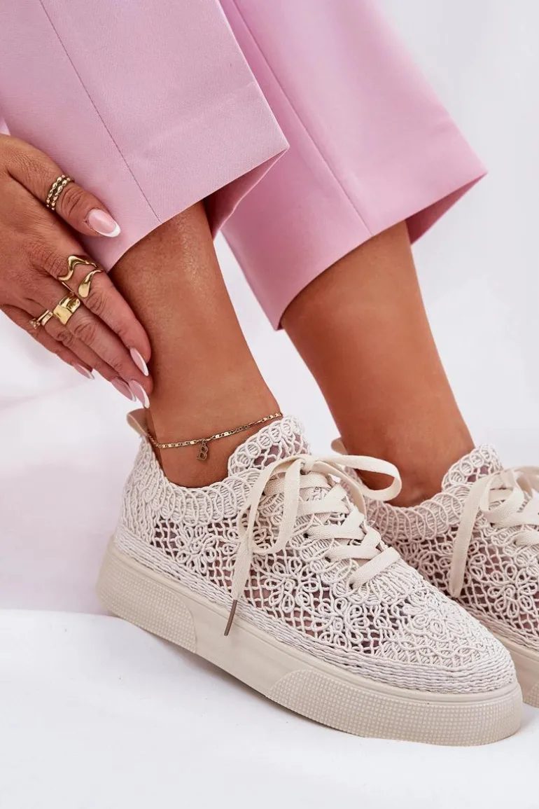 Ażurowe Tenisówki Damskie Na Platformie Jasnobeżowe Aranelith
