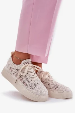 Ażurowe Tenisówki Damskie Na Platformie Jasnobeżowe Aranelith