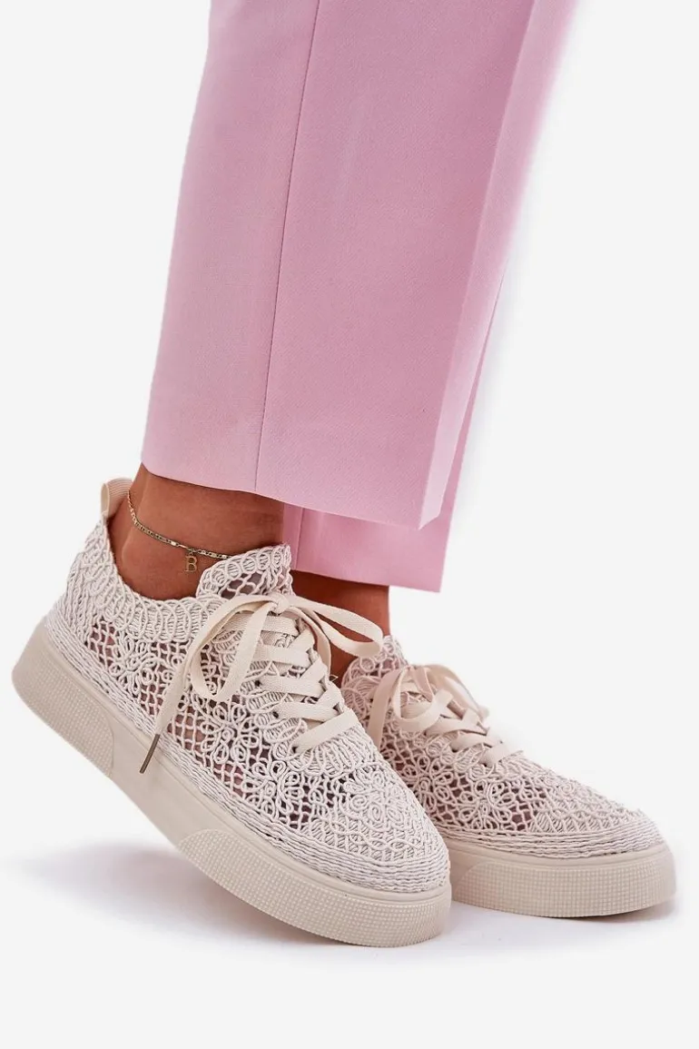 Ażurowe Tenisówki Damskie Na Platformie Jasnobeżowe Aranelith