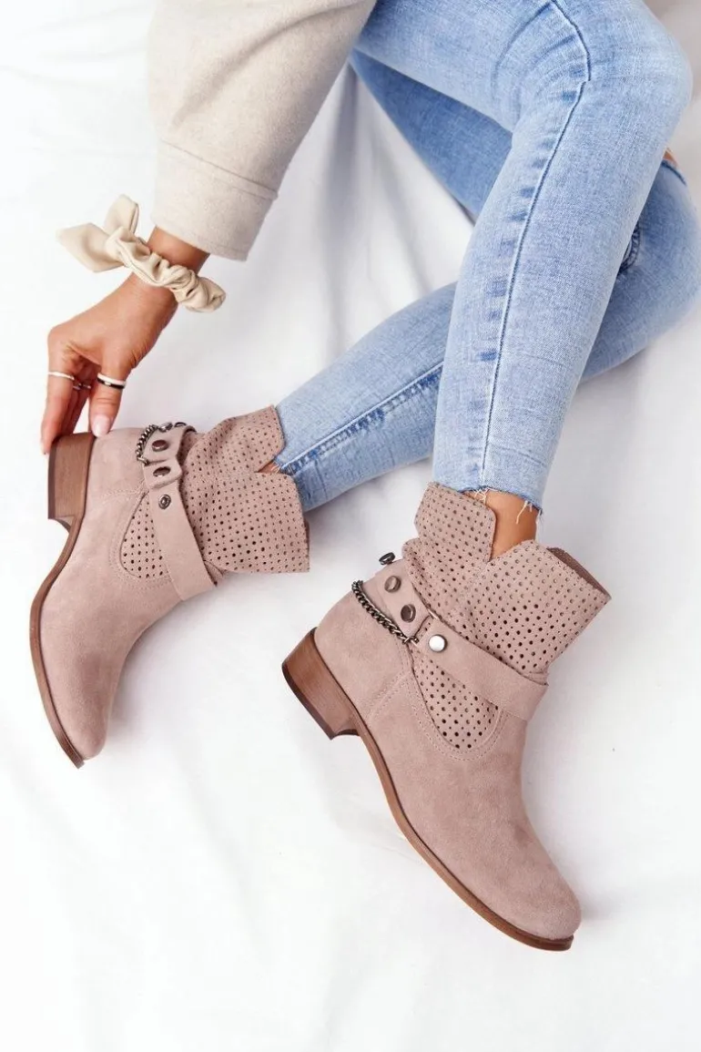 Ażurowe Wiosenne Botki Lewski Shoes 2905-0 Beżowe