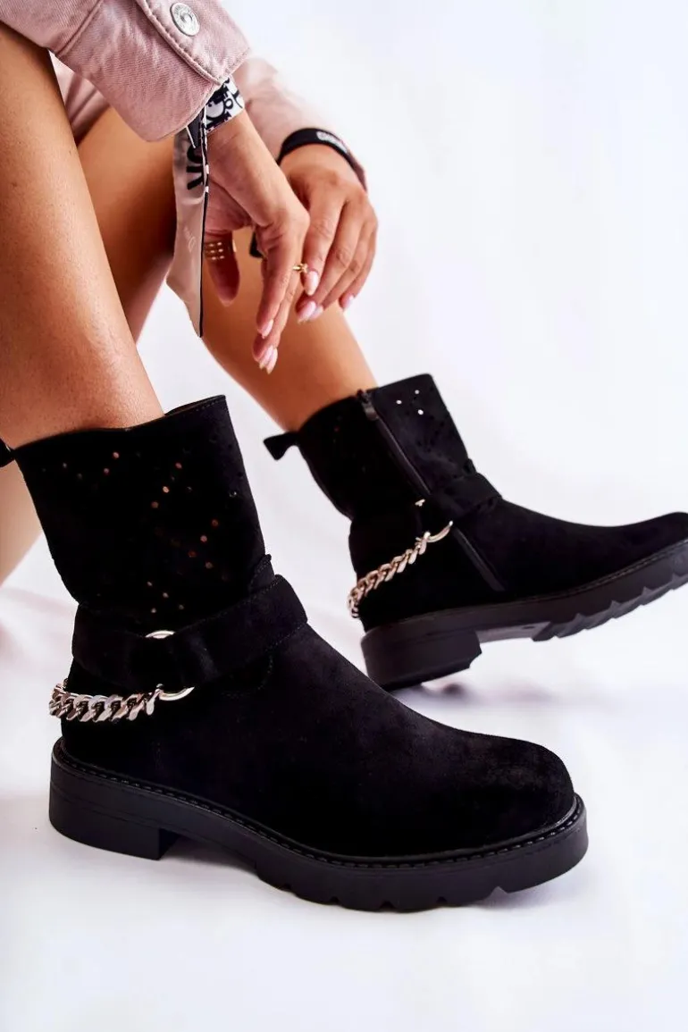 Ażurowe Wiosenne Botki Na Suwak Z Łańcuchem Czarne Chantelle