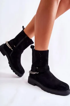 Ażurowe Wiosenne Botki Na Suwak Z Łańcuchem Czarne Chantelle