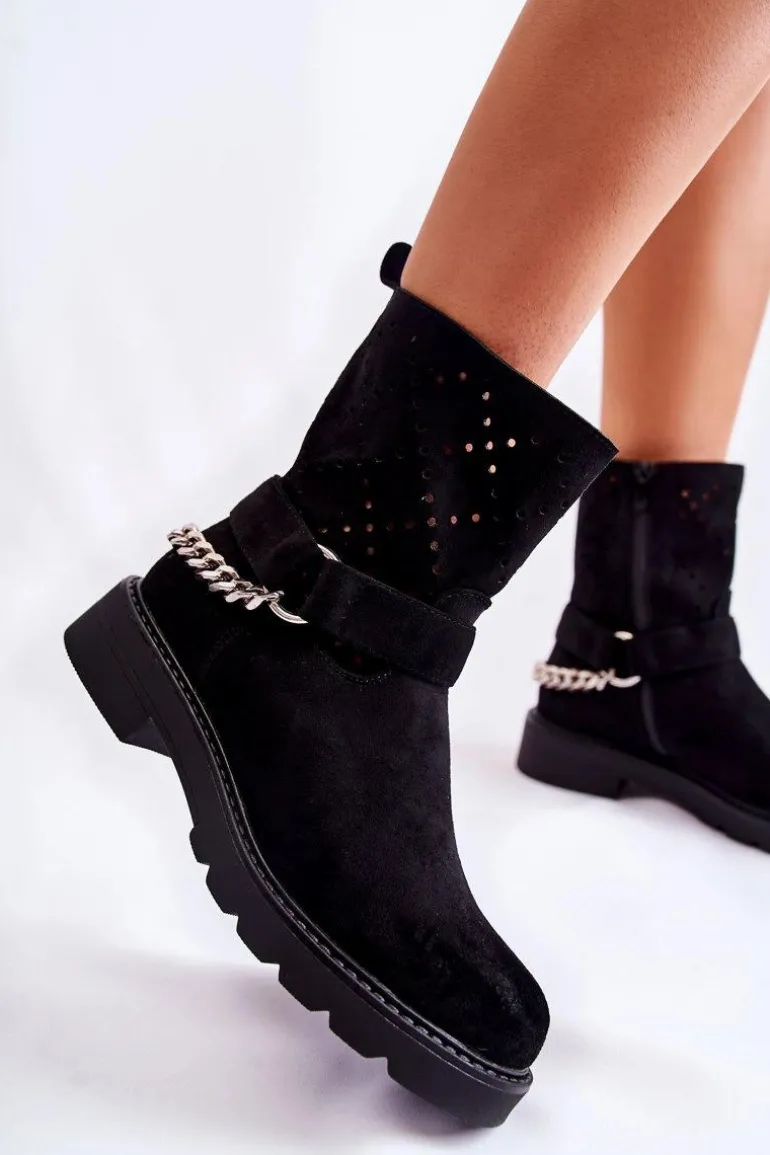 Ażurowe Wiosenne Botki Na Suwak Z Łańcuchem Czarne Chantelle