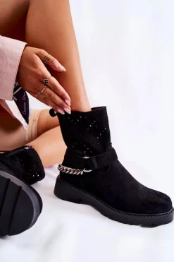 Ażurowe Wiosenne Botki Na Suwak Z Łańcuchem Czarne Chantelle