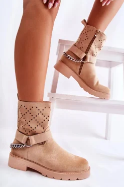 Ażurowe Wiosenne Botki Na Suwak Z Łańcuchem Beżowe Chantelle