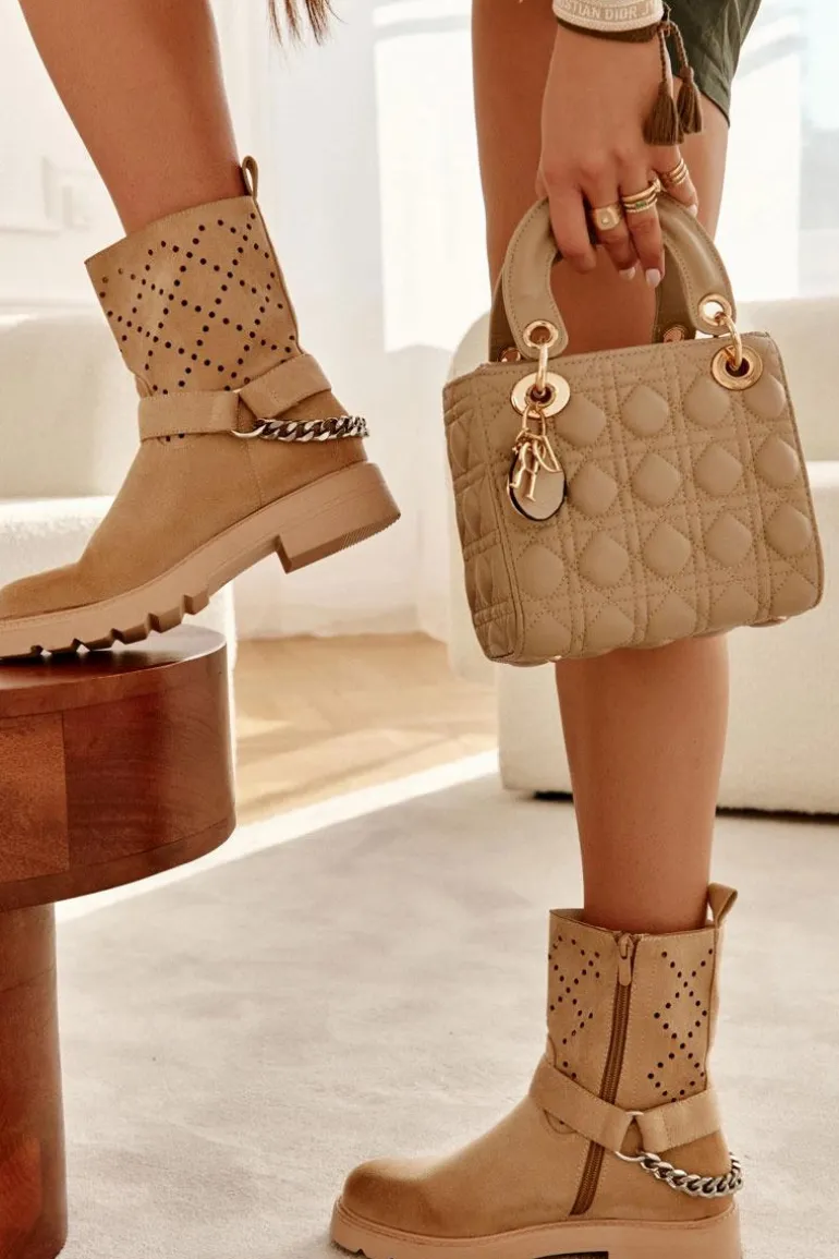 Ażurowe Wiosenne Botki Na Suwak Z Łańcuchem Beżowe Chantelle