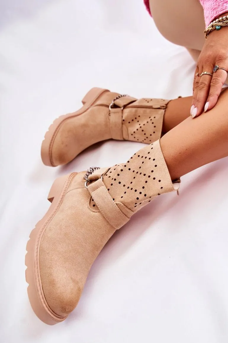 Ażurowe Wiosenne Botki Na Suwak Z Łańcuchem Beżowe Chantelle